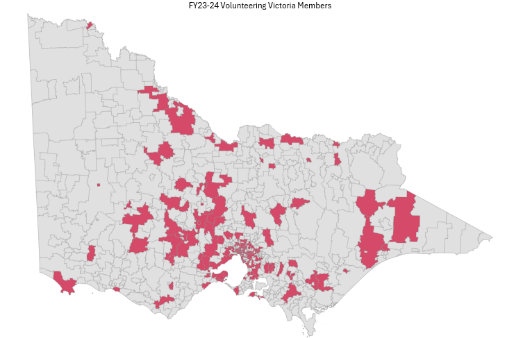 Map of Victoria showing location of Volunteering Victoria members in 2023-24