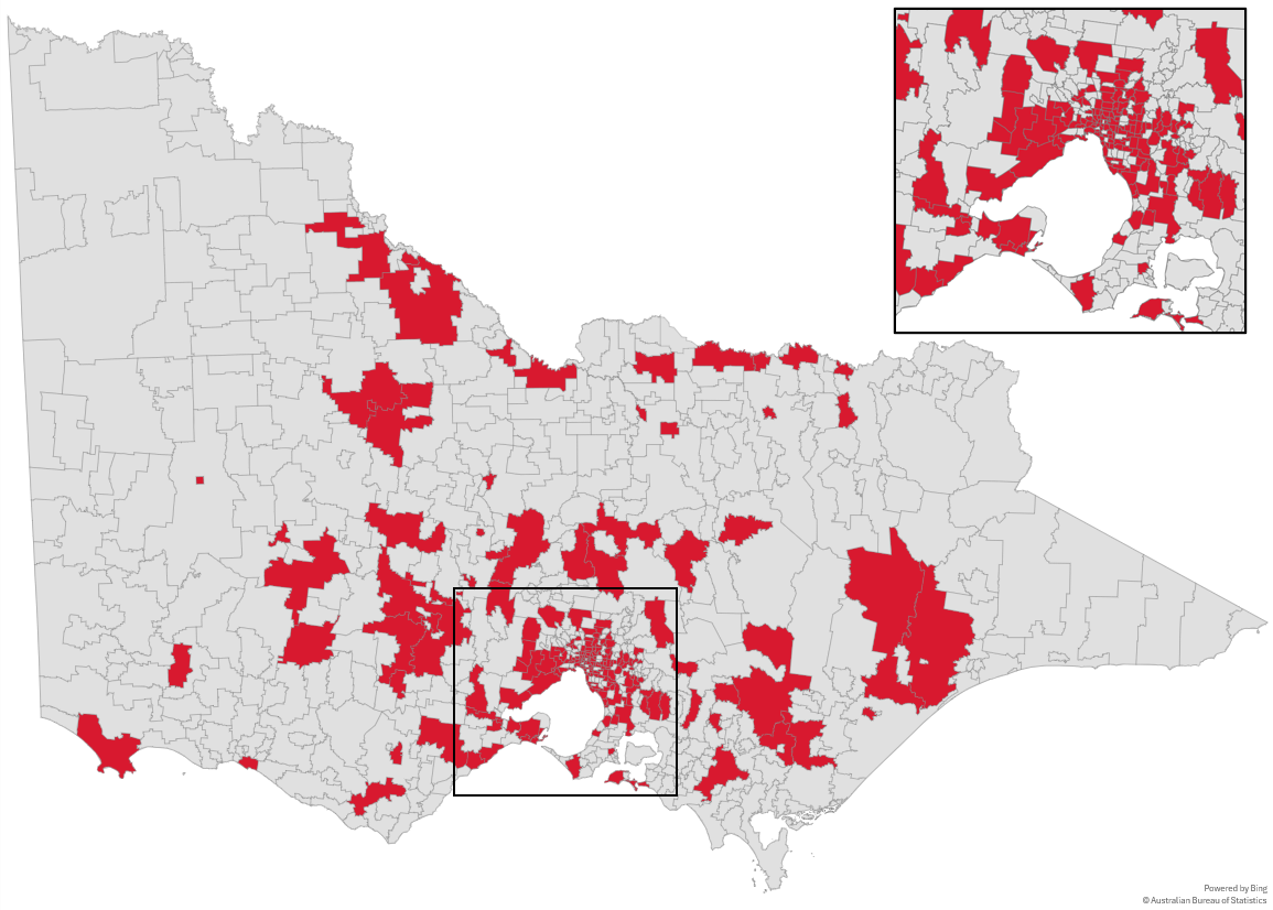 Map of Victoria, with various postcode regions highlighted in red to indicate member locations