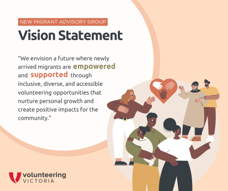 Text reads: "New Migrant Advisory Group - Vision Statement: We envision a future where newly arrived migrants are empowered and supported through inclusive, diverse, and accessible volunteering opportunities that nurture personal growth and create positive impacts for the community."